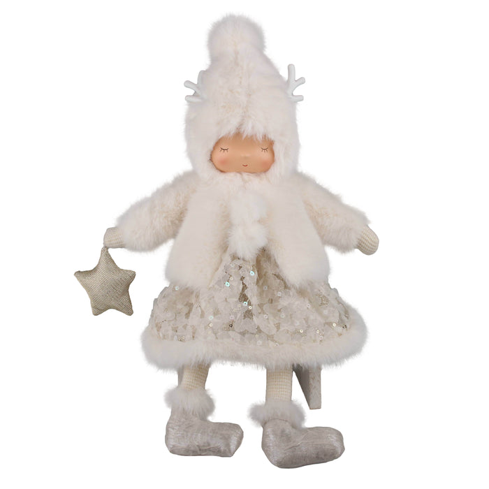 Dangling Leg Girl Doll in White Fur Coat