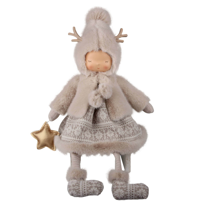 Dangling Leg Girl Doll in Beige Fur Coat