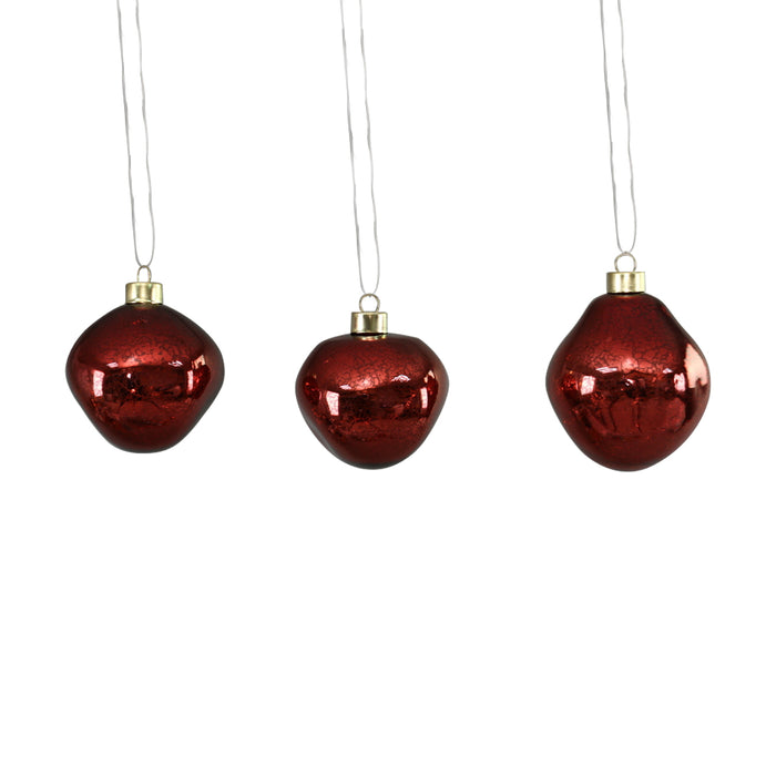 10cm x 3 Organic Shaped Glass Ball Set in Colour Burgundy Mercury