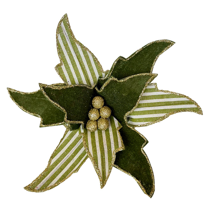 3pc Green and White Candy Stripe Poinsettia with Clip