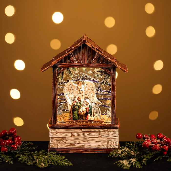 Snowing Nativity Stable with Angle