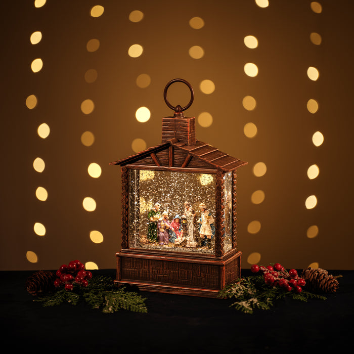 Snowing Nativity Stable with Three Wise Men