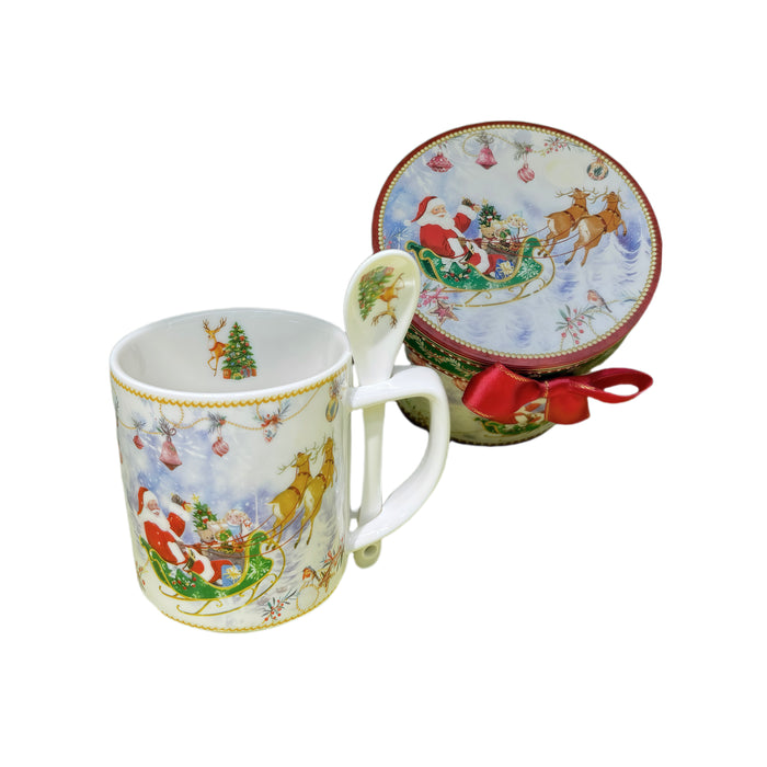 Xmas Gift Box Mug & Spoon Set w/ Santa? Sleigh