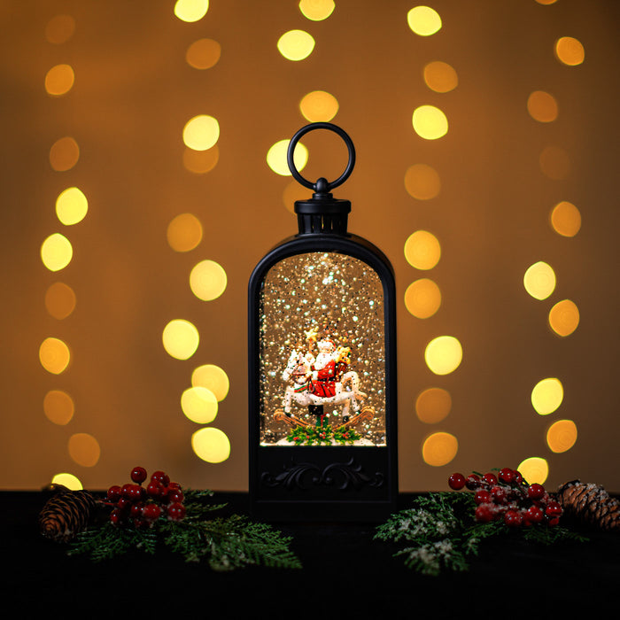 Small Snowing Malibu Lantern w/ Santa Rocking Horse