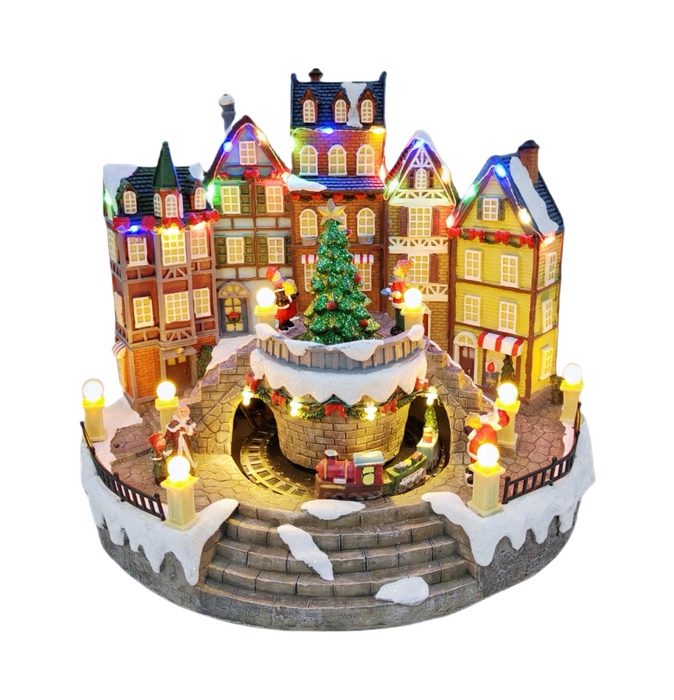 31cm Xmas Village Rotating w/ Xmas Tree & Train