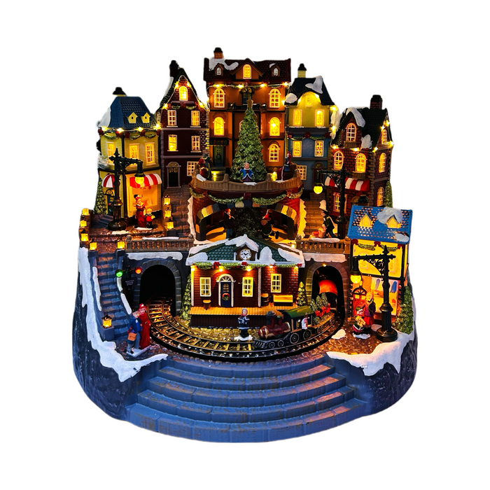 42cm Xmas Village Rotating w/ Xmas Tree, Train, Ski