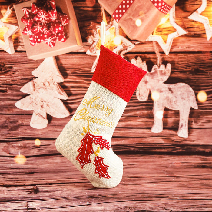 Christmas White Linen Stocking w/ Holly Leaves