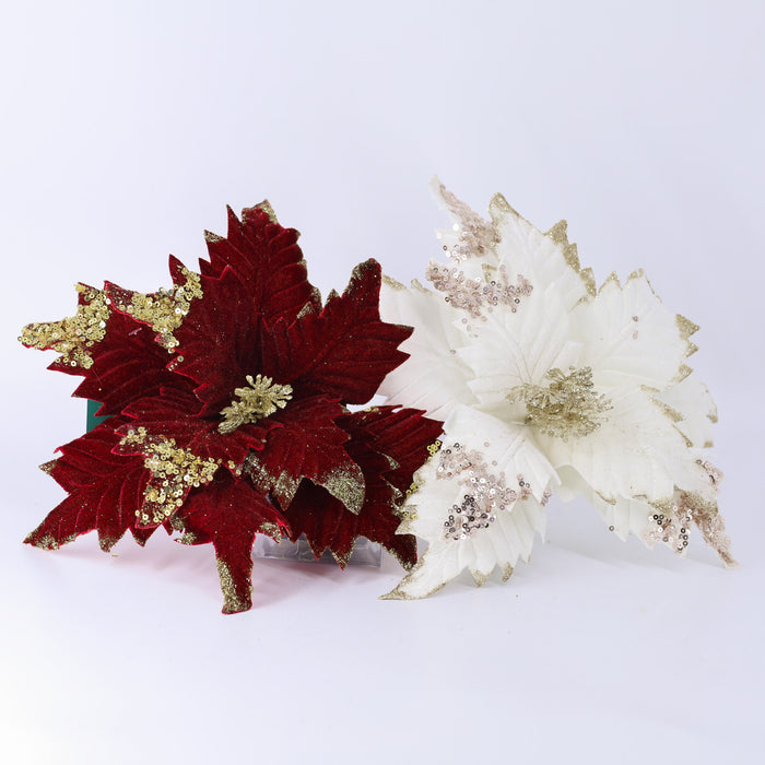 2pcs Large Mix Color Christmas Artificial Poinsettia Pick With Clip