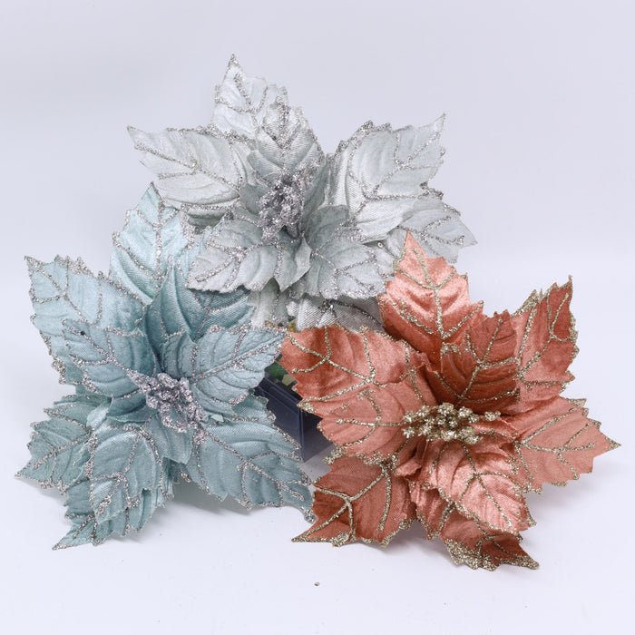 3pcs Mix Color Christmas Artificial Poinsettia Pick With Clip