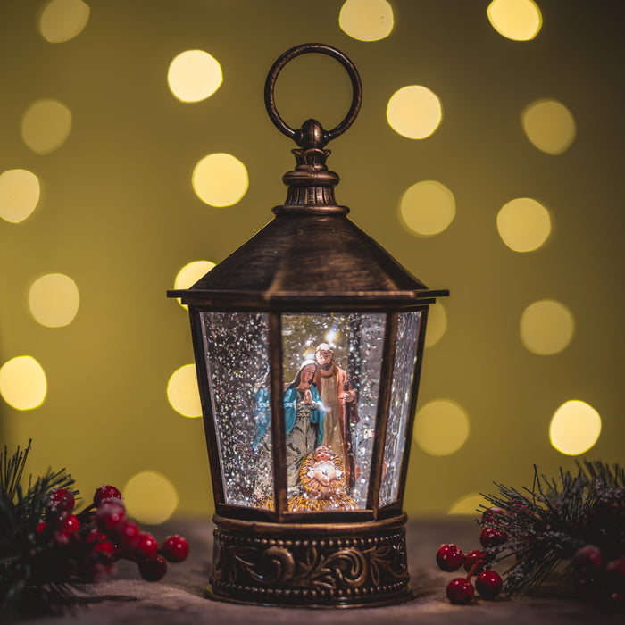 Christmas Snowing Hexagonal Lantern - Nativity
