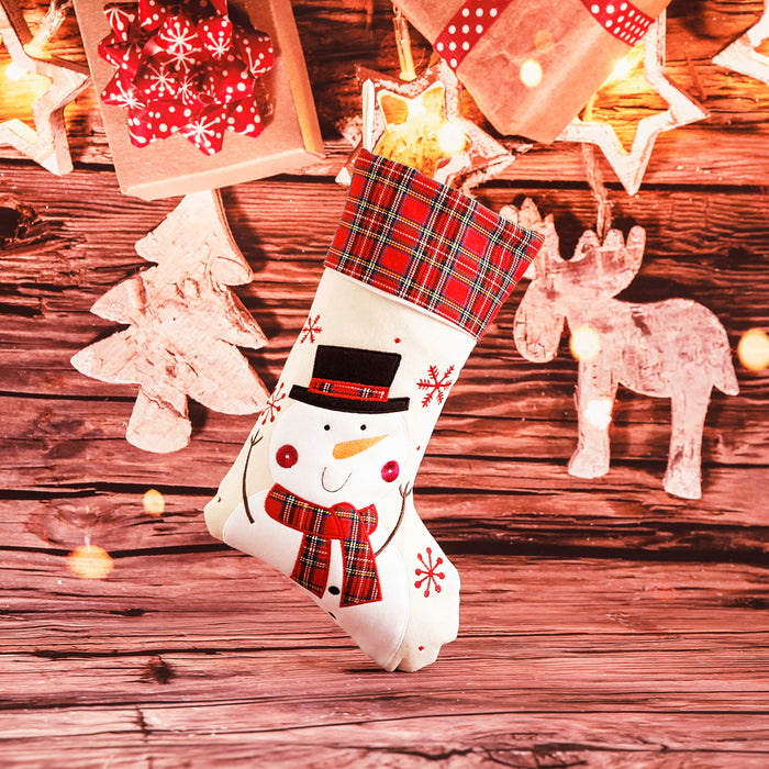 Christmas Tartan Cuffed White Stocking w/ Moose