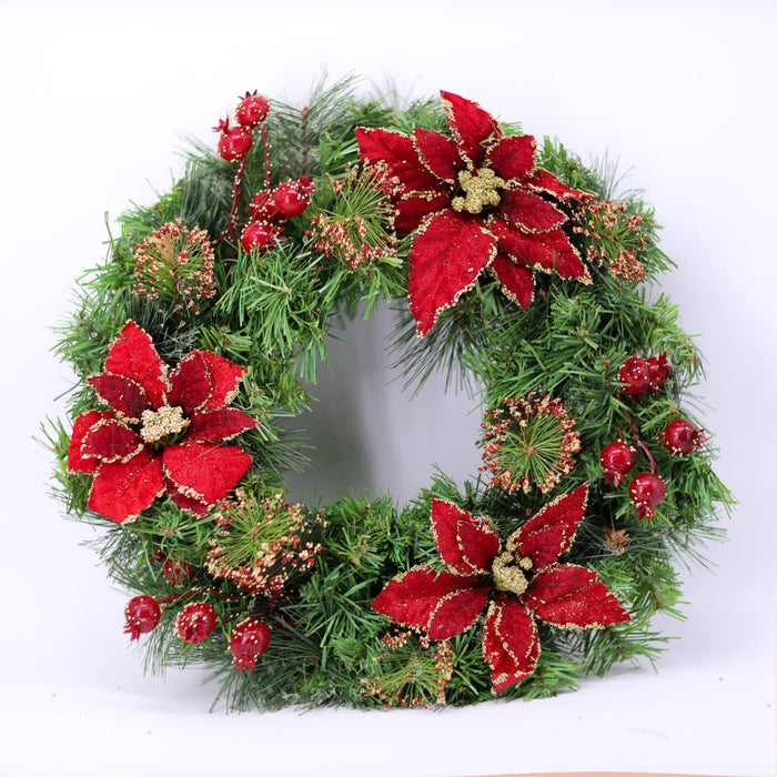 60cm Poinsettia and Berry Decorated Wreach