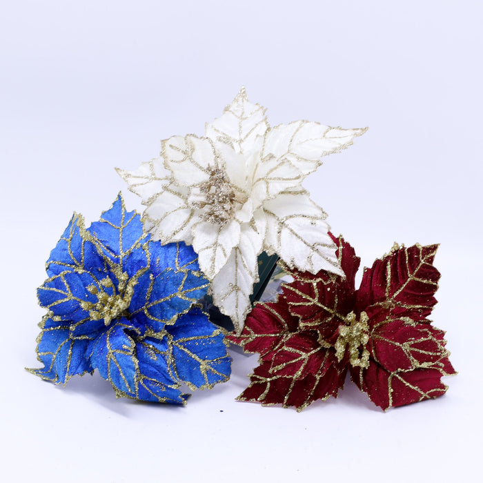 3pcs Mix Color Christmas Artificial Poinsettia Pick With Clip