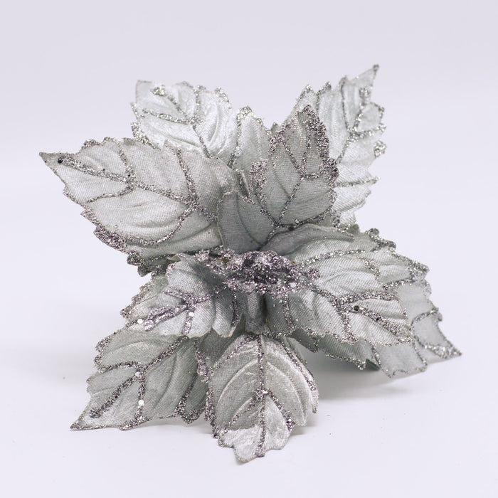 3pcs Silver Christmas Artificial Poinsettia Pick With Clip