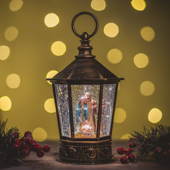 Christmas Snowing Hexagonal Lantern - Nativity