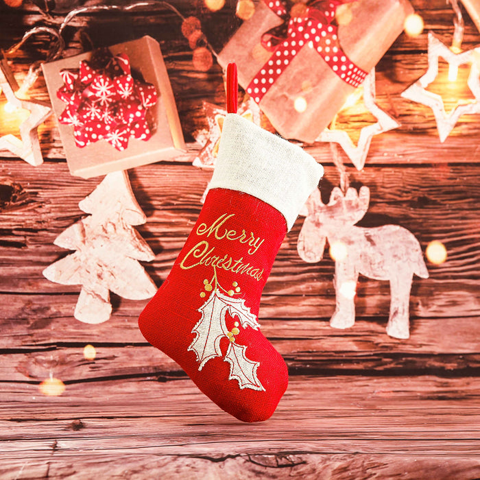 Red Linen Stocking Holly Leaves