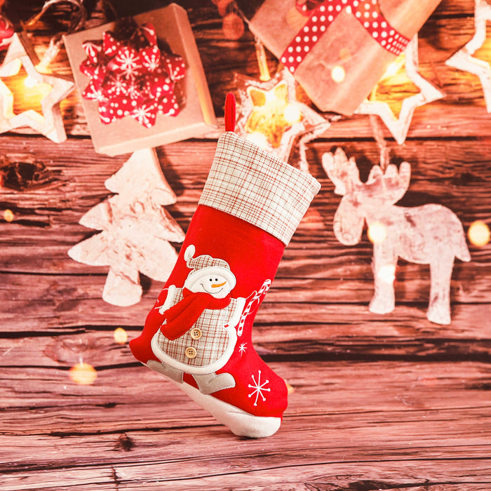 Christmas Plaid Cuffed Red Stocking w/ Snowman