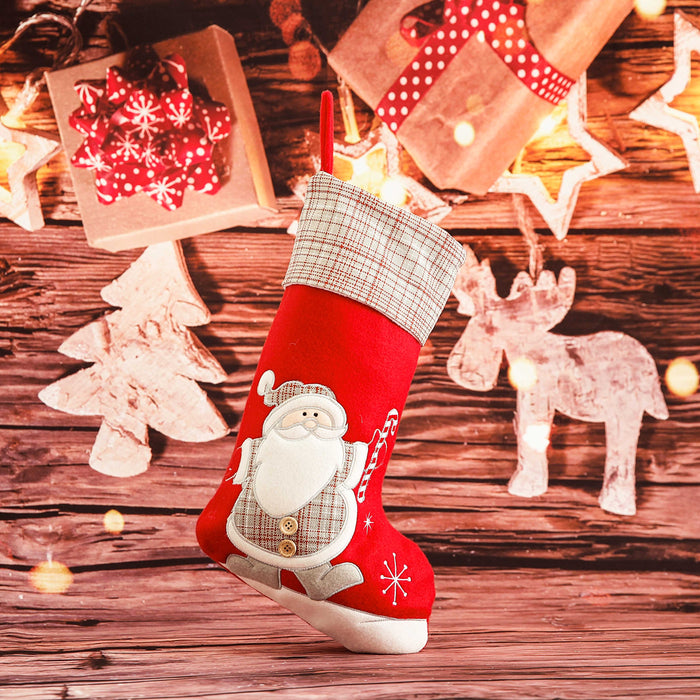 Christmas Plaid Cuffed Red Stocking w/ Santa
