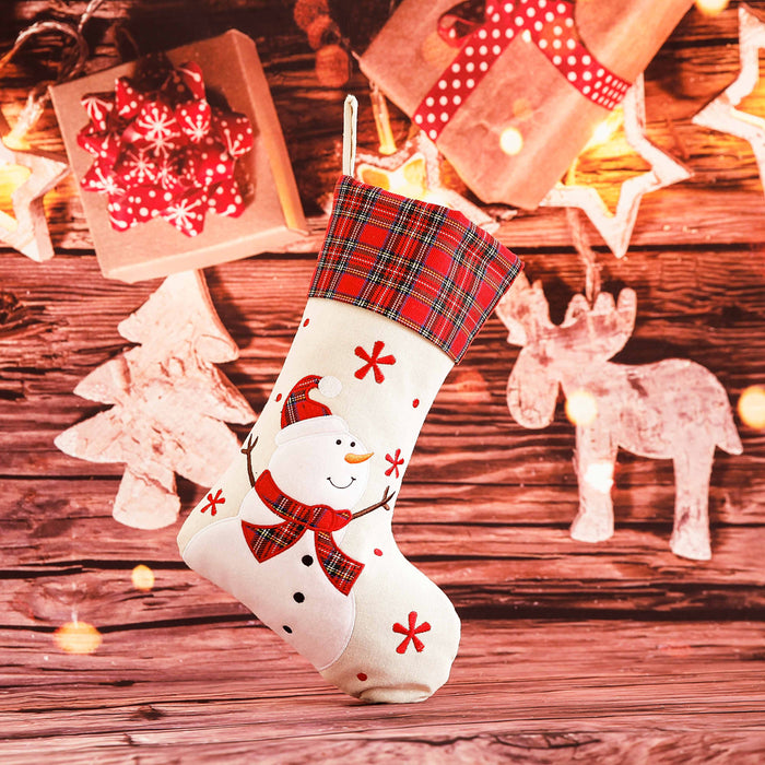 Christmas Tartan Cuffed White Stocking w/ Snowman