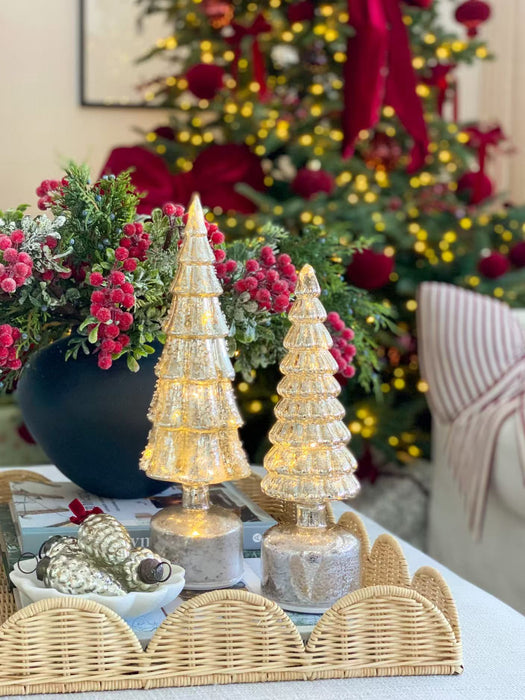 Illuminated mercury glass Christmas trees in two coordinating designs and sizes
