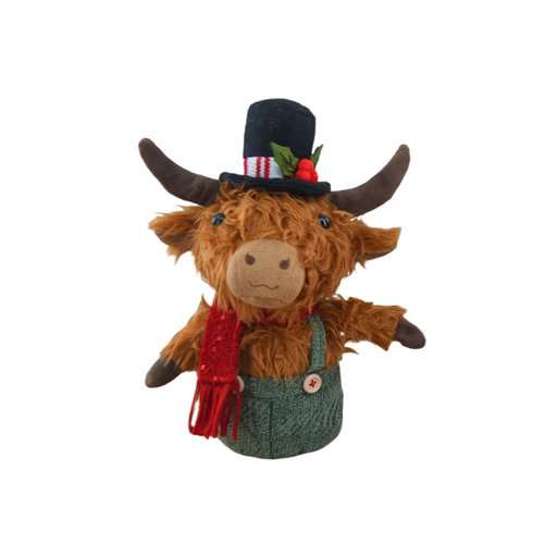 Sitting Mr Highland cow plush with black hat – front view