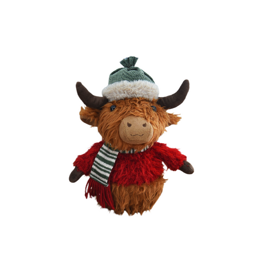 Sitting Ms Highland cow plush with green hat – front view