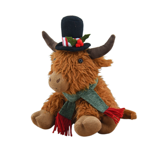 Sitting Highland cow plush with black hat – front view