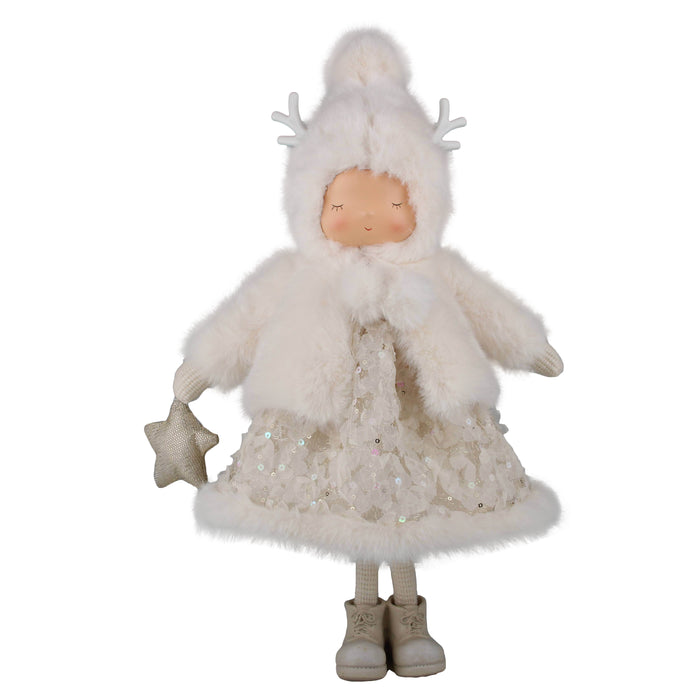 Standing Girl Doll in White Fur Coat
