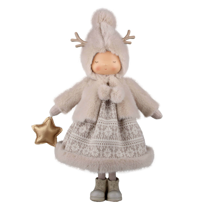 Standing Girl Doll in Beige Fur Coat