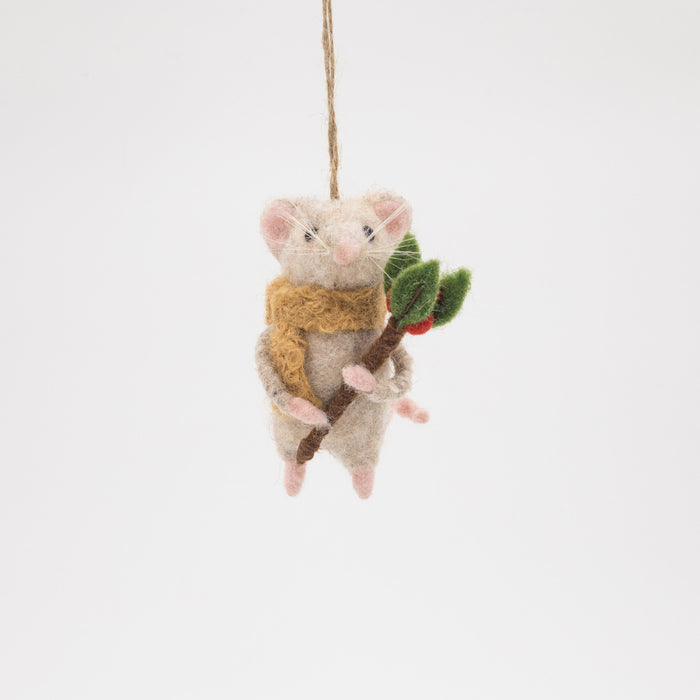 Felt hanging mouse with beige scarf and berry branch – front view
