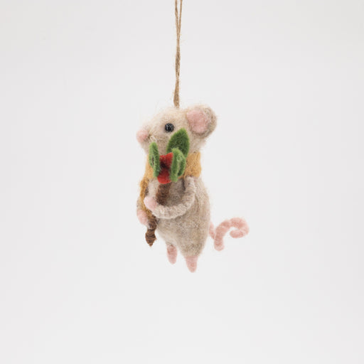 Felt hanging mouse with beige scarf and berry branch – left angle