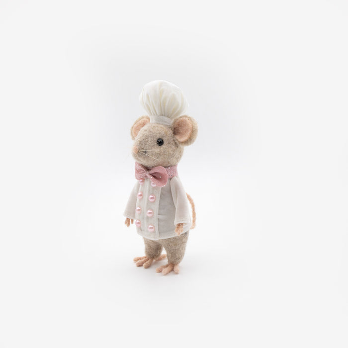Felt chef mouse in white jacket and hat – left angle