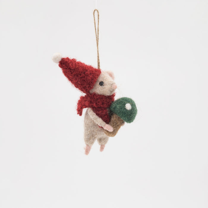 Felt hanging mouse in red holding a green mushroom – right angle