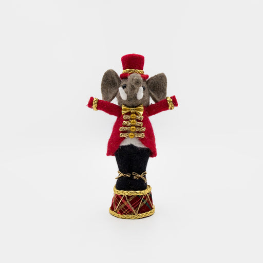 Felt circus elephant ringmaster on drum – front view