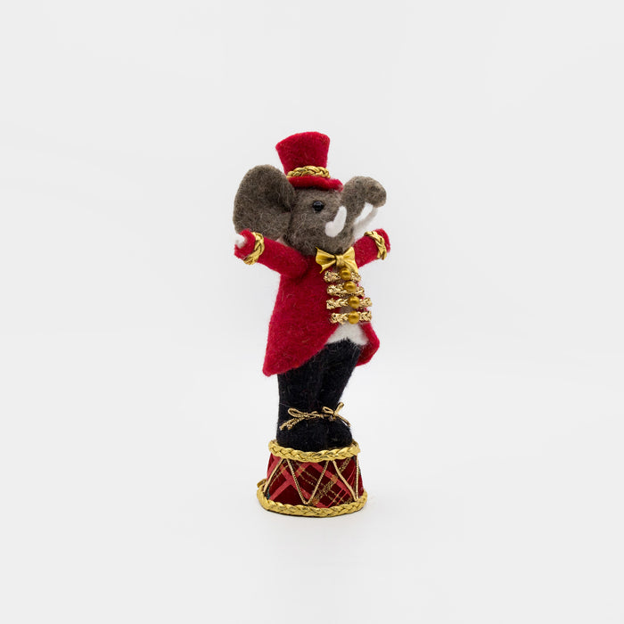 Felt circus elephant ringmaster on drum – right angle