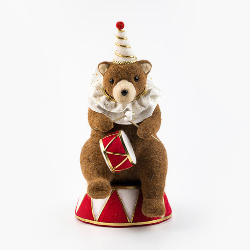 Felt circus bear playing a drum – front view