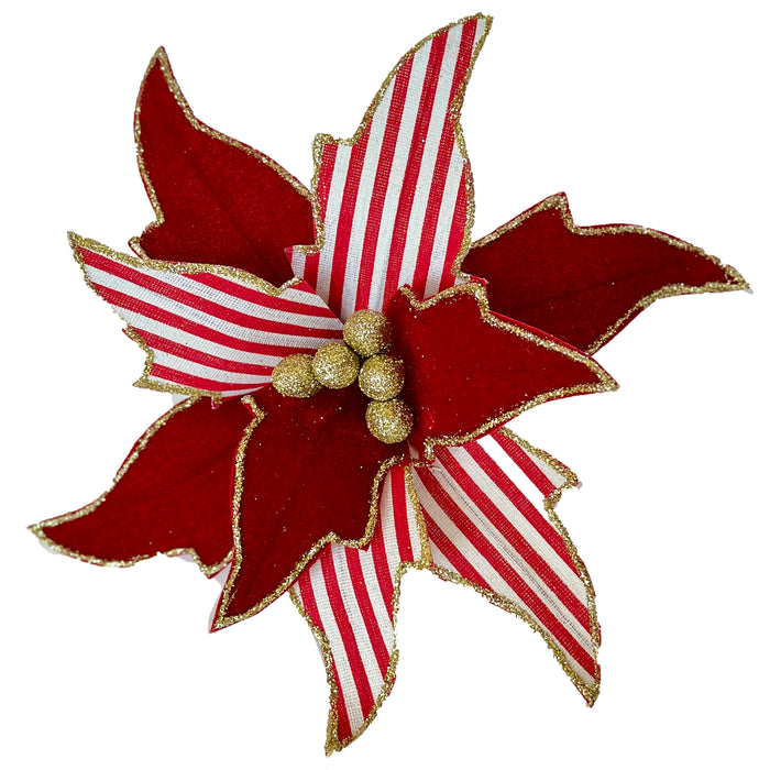 3pc Red and White Candy Stripe Poinsettia with Clip