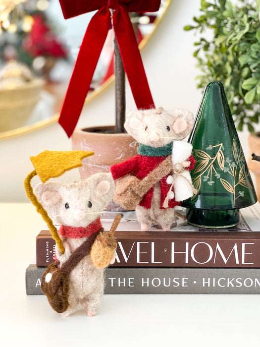 Felt mouse postman styled with a felt leaf mouse and green glass Christmas tree