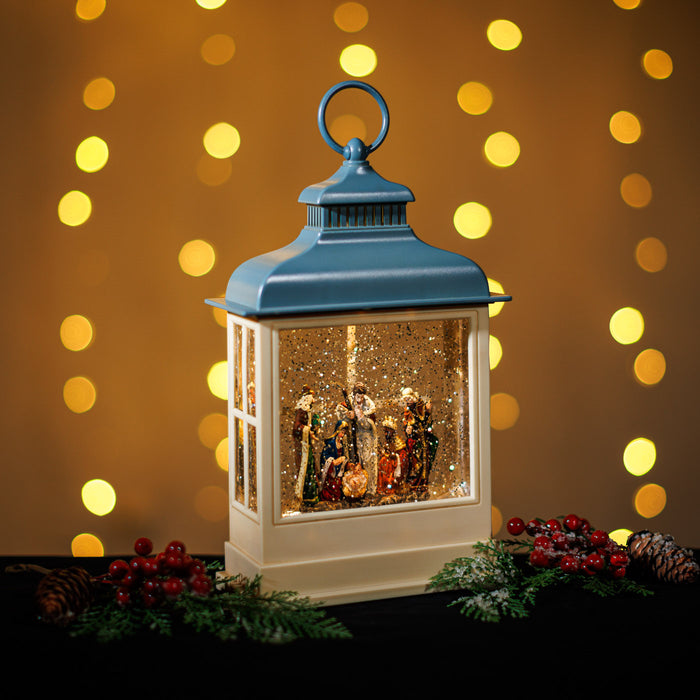 Snowing Blue Hamptons Lantern w/ Nativity
