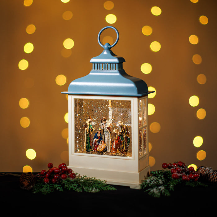 Snowing Blue Hamptons Lantern w/ Nativity