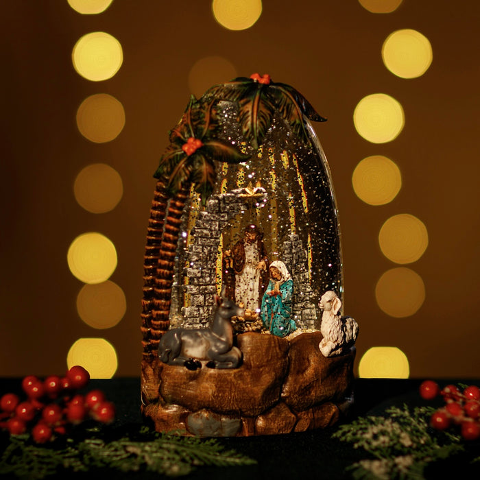 Snowing Palm Tree Globe w/ Holy Family