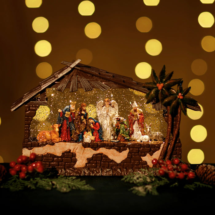 Large Snowing Nativity Stable w/ Nativity