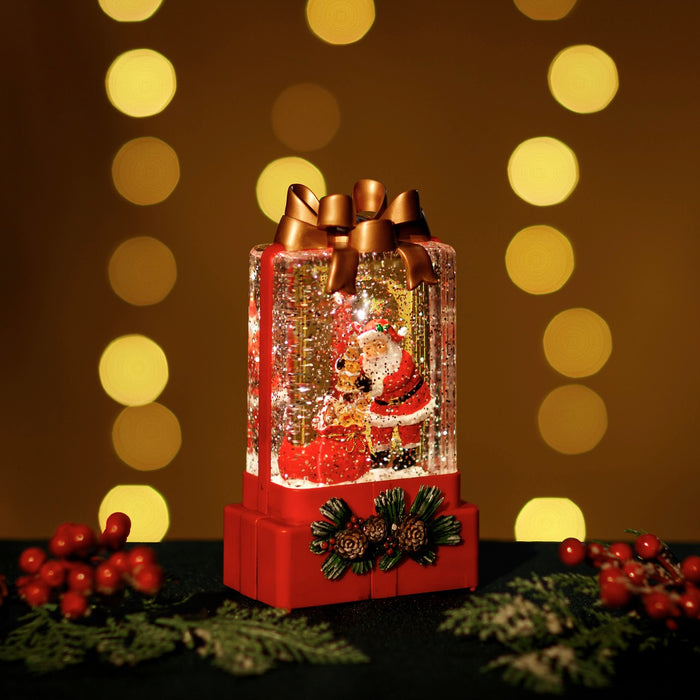 Large Red Snowing Gift Box w/ Santa