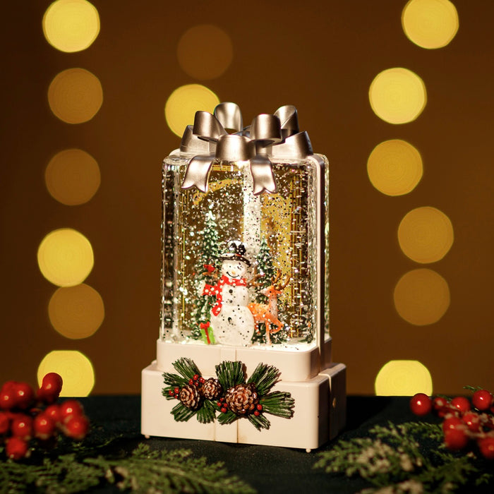 Large White Snowing Gift Box w/ Snowman
