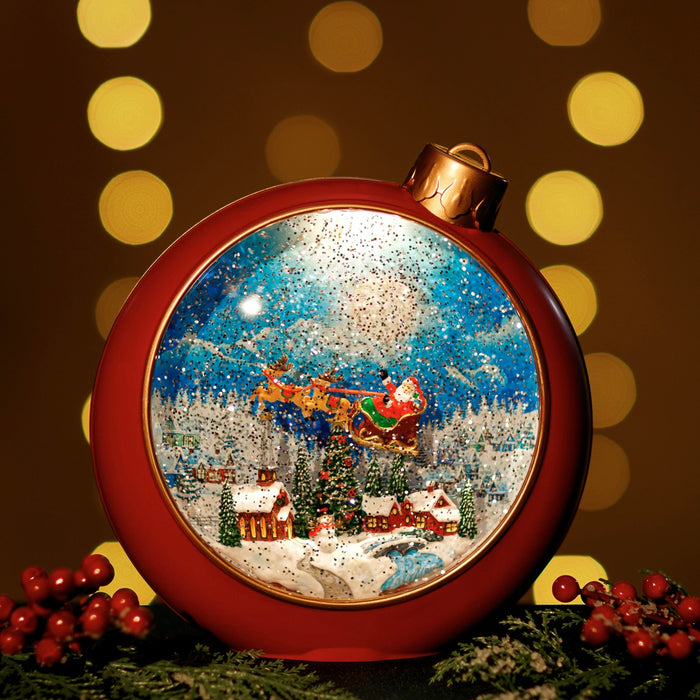 Red Snowing Ornament w/ Santa Sleigh