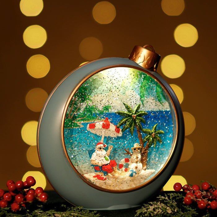 Blue Snowing Ornament w/ Santa on the Beach