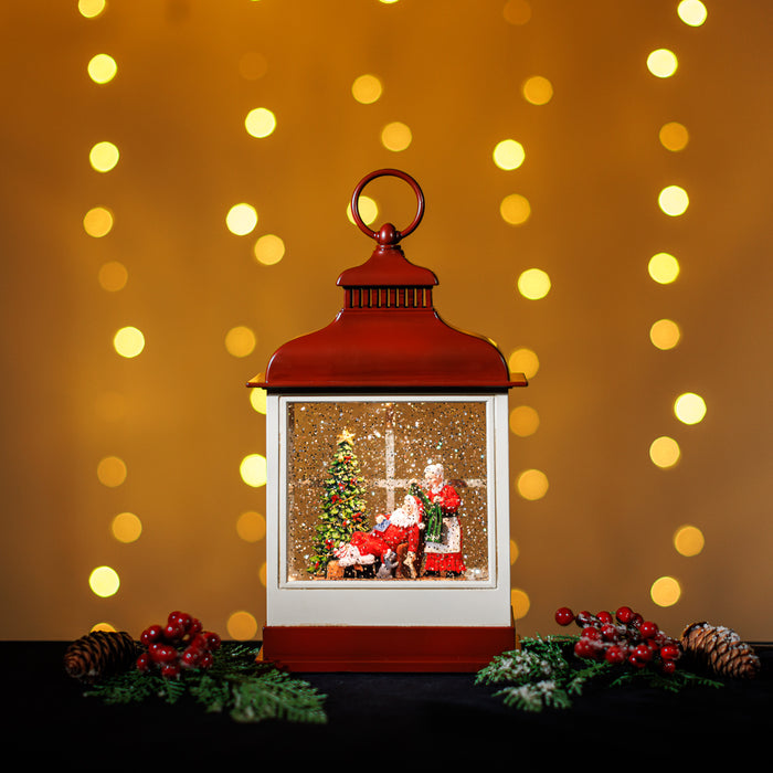 Snowing Red Hamptons Lantern w/ Mr. and Mrs. Santa Claus