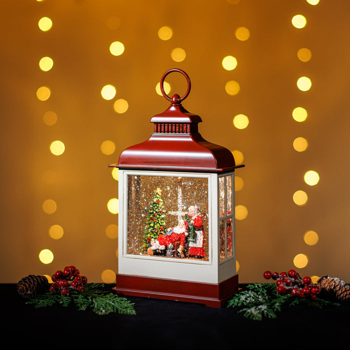 Snowing Red Hamptons Lantern w/ Mr. and Mrs. Santa Claus