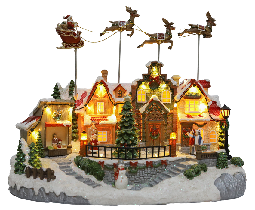 Animated Christmas village with Santa sleigh and reindeer – illuminated front view