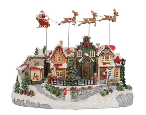 Animated Christmas village with Santa sleigh and reindeer – front view